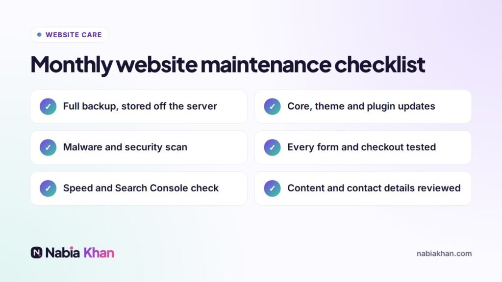 Monthly website maintenance checklist with six tasks