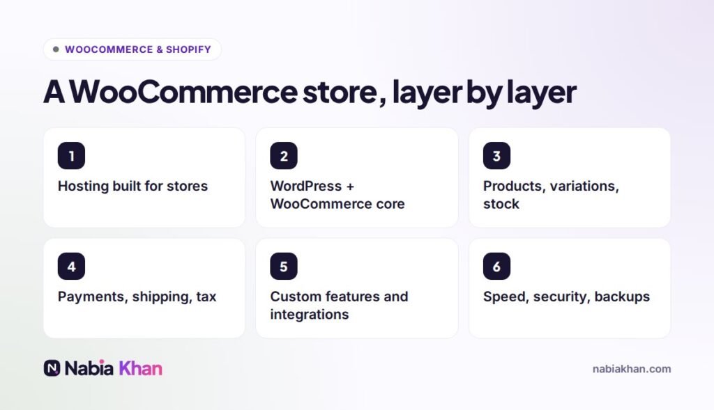 WooCommerce development layers: hosting, WordPress, products, payments, custom features, speed and security